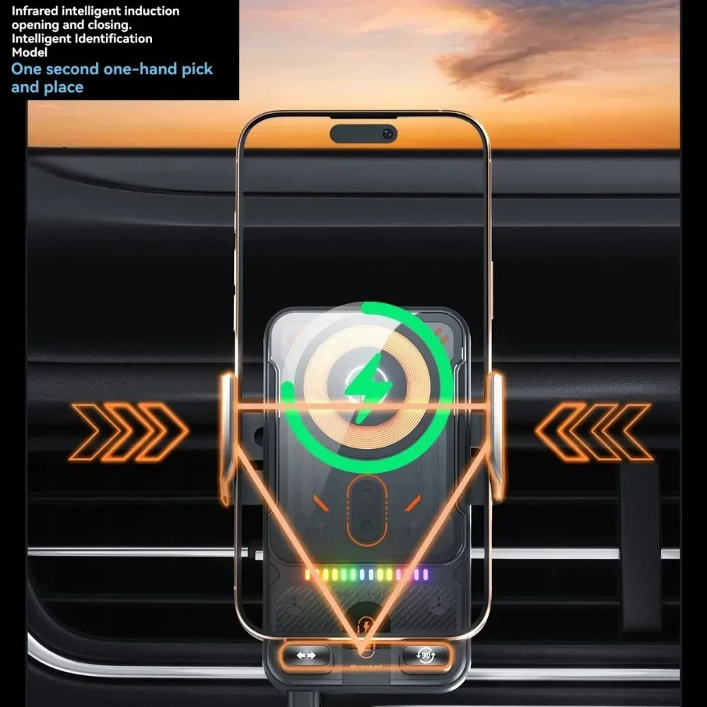 Supporto Universale per Auto con Bocchetta Aria – Apertura Elettrica Rotante, Ricarica Wireless 15W e Doppia Bobina per Smartphone
