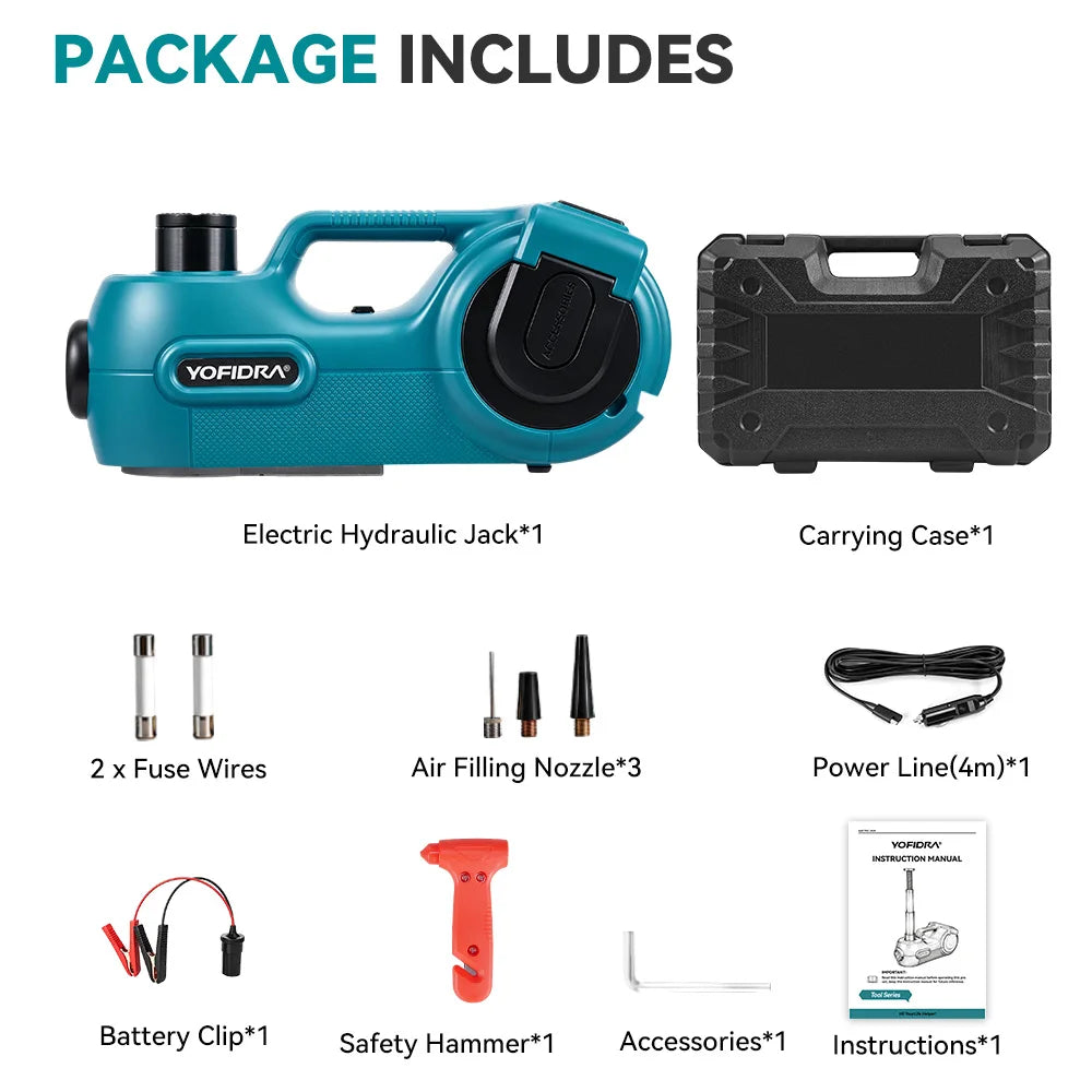 YOFIDRA Crick Idraulico Elettrico 5T 12V 45cm – Con Gonfiatore 150PSI, per Berlina, SUV, Furgone, Emergenza e Garage