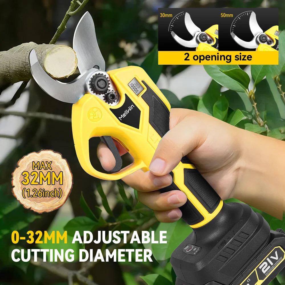 Cesoie Elettriche da Potatura MELLWIN Brushless 32mm Cordless – Per Giardino, Alberi da Frutto e Vigneti | Compatibile Batteria Makita 18V