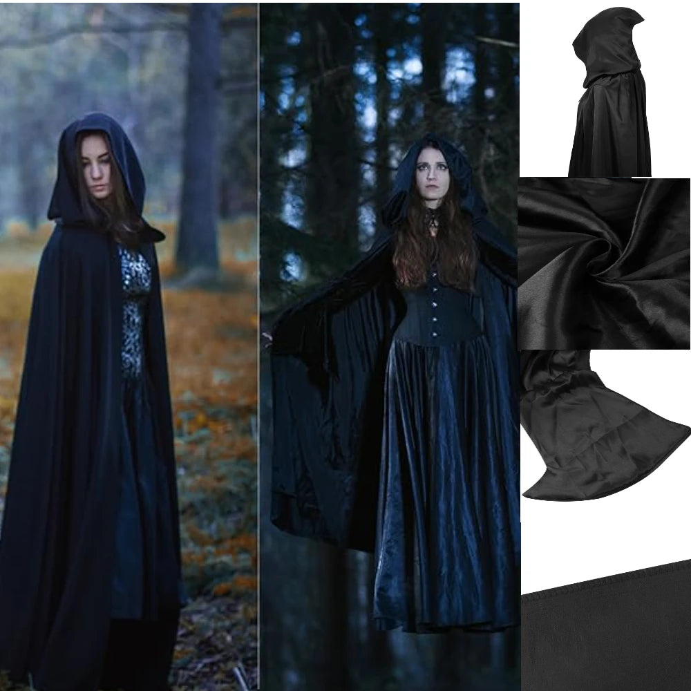 Mantello nero con cappuccio per Halloween e cosplay
