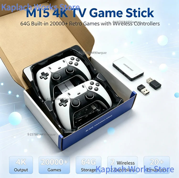 M15 Game Stick Retrò – 64GB, 20.000+ Giochi Classici, Controller Wireless, 20+ Simulatori, Uscita HD TV