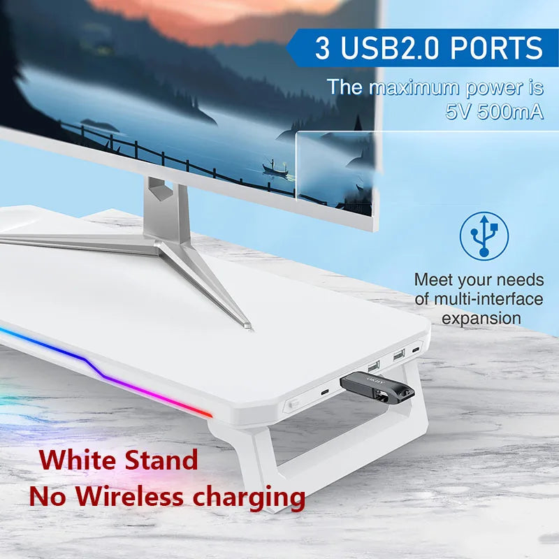 Supporto Monitor con Ricarica Wireless e Luce RGB – Docking Station Multifunzionale Pieghevole per Ufficio e Scrivania