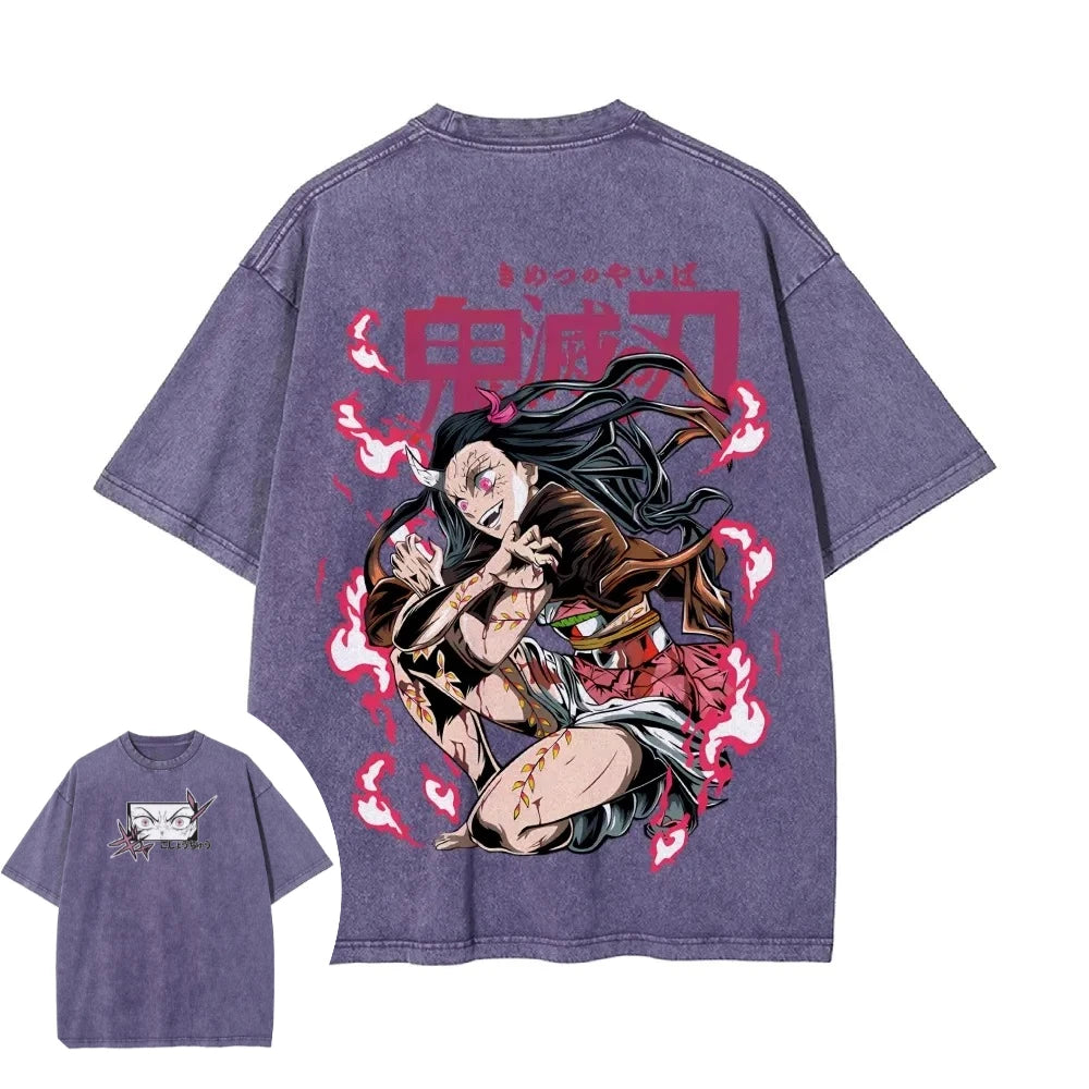 T-Shirt Demon Slayer Unisex – Nezuko Kamado | Stile Vintage Washed, Manica Corta, Alta Qualità