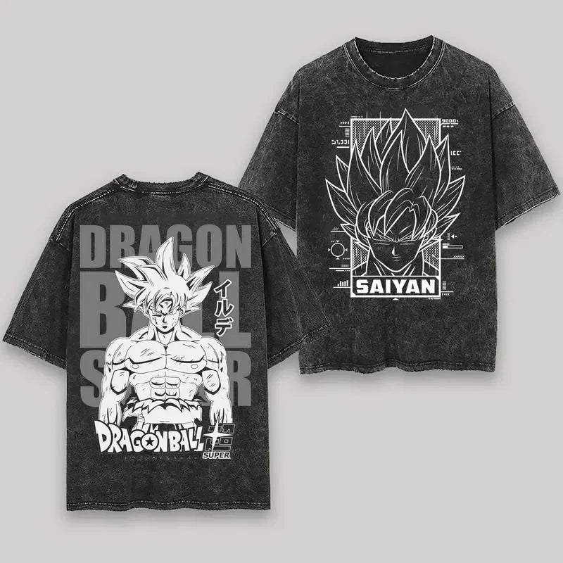 T-Shirt Dragon Ball Cosplay – Goku & Vegeta | Oversize Washed, Cotone, Anime Harajuku Streetwear Uomo