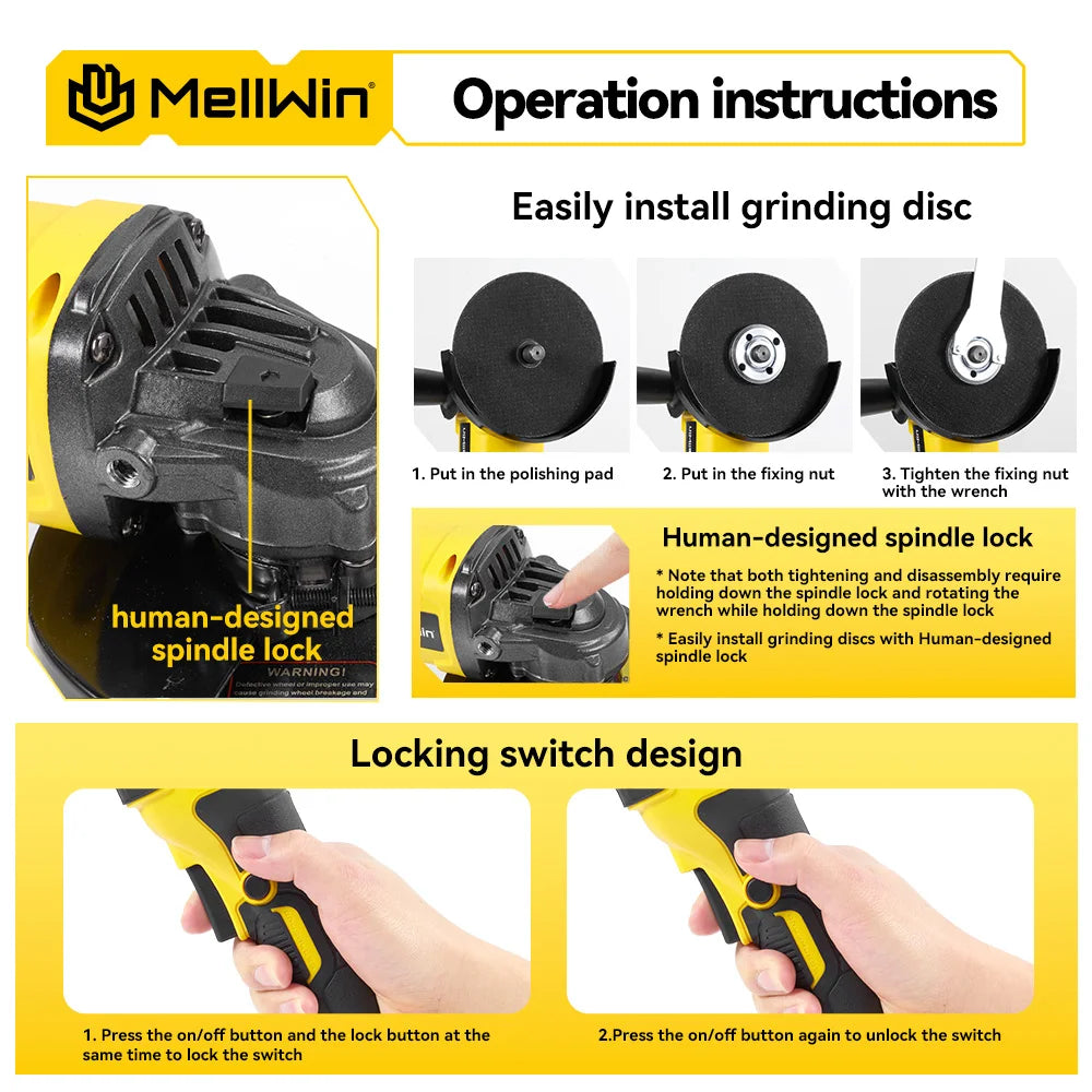MELLWIN Smerigliatrice Angolare Senza Fili 125mm – Motore Brushless 18V Compatibile Makita