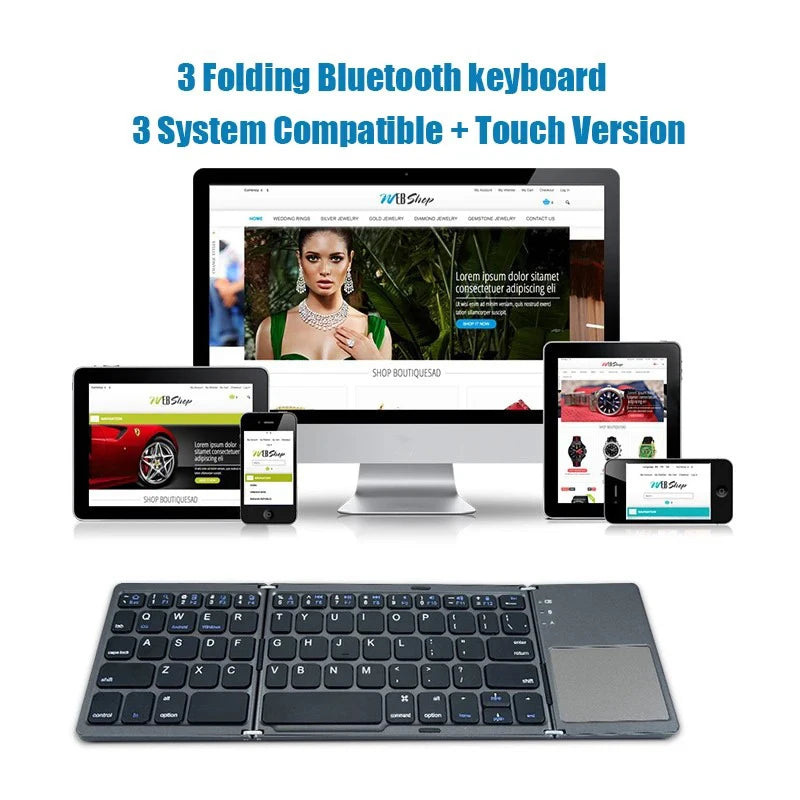 Tastiera Bluetooth Pieghevole Tri-fold con Touchpad – Mini, Ricaricabile, Wireless per Windows Android iOS