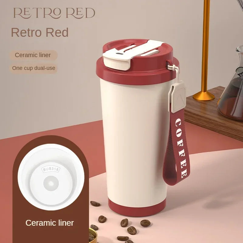 Tazza Termica in Ceramica 530 ml – Thermos in Acciaio Inox a Doppia Parete, Mug da Viaggio per Caffè