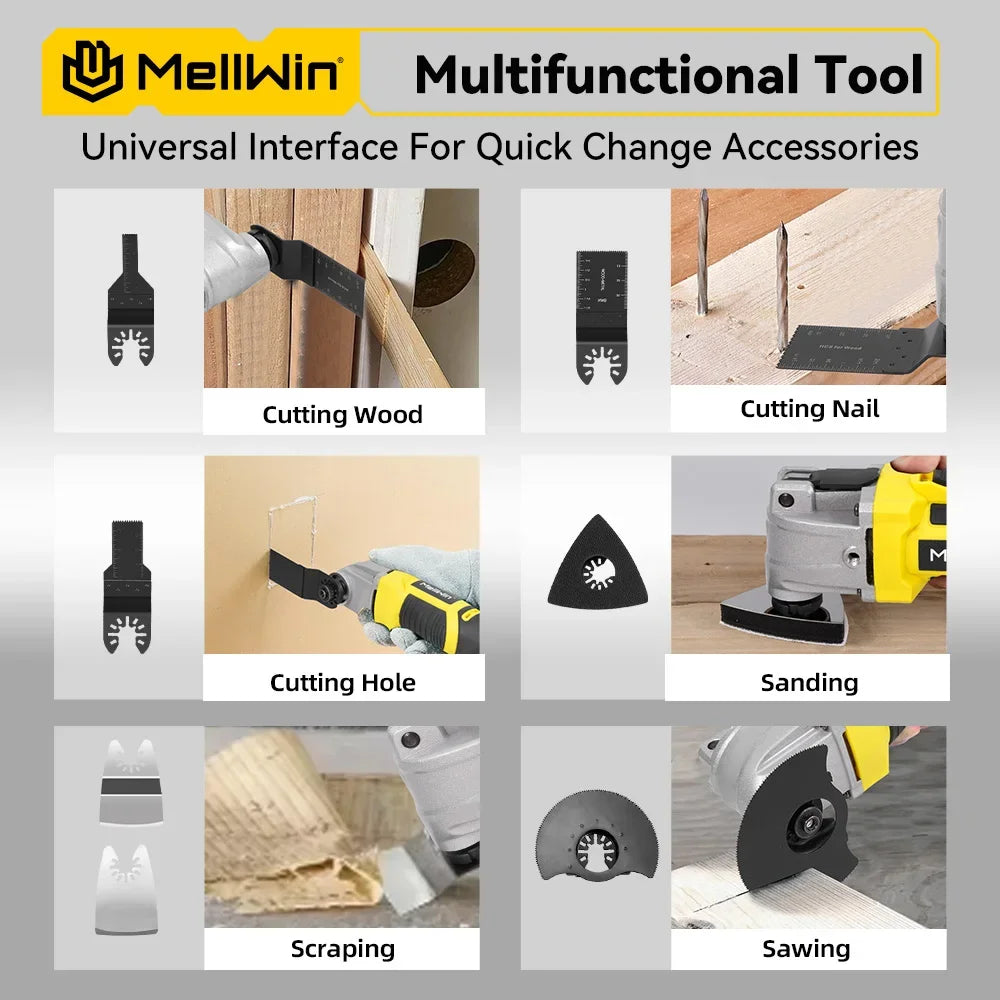 Utensile Multifunzione Oscillante MELLWIN Brushless 6+3 Velocità – Sega, Raschietto, Taglio | Compatibile Batteria Makita 18V