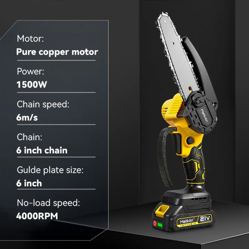 Mini Motosega Elettrica MELLWIN Cordless 6" – Sega da Potatura per Giardino | Compatibile Batteria Makita 18V
