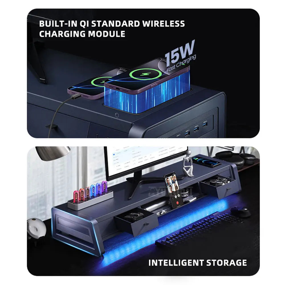 Supporto Monitor USB con Cassetto – Docking Station Multifunzionale per Ufficio, Desktop e Porta Telefono