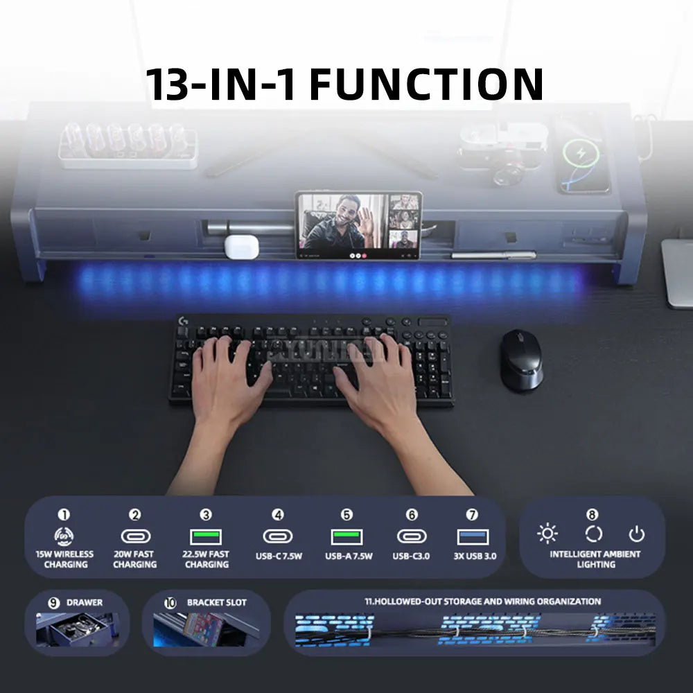 Supporto Monitor USB con Cassetto – Docking Station Multifunzionale per Ufficio, Desktop e Porta Telefono