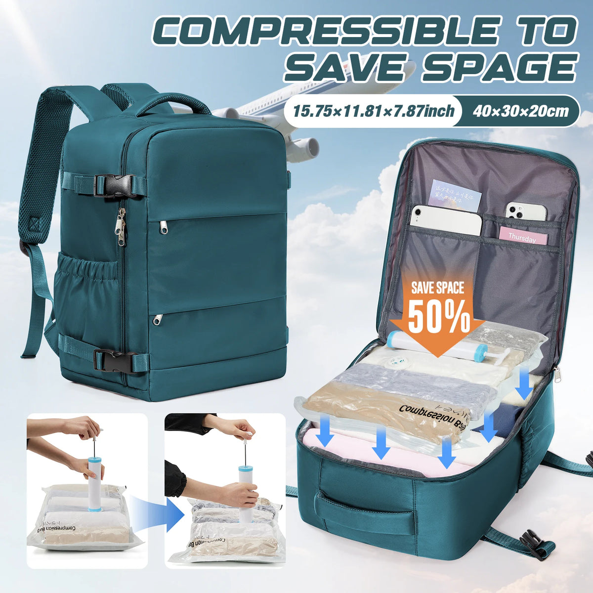 Borsa Portaoggetti per Vestiti – Zaino Personale Ryanair 40x30x20, Borsa Cabina, Sacchetto Sottovuoto con Pompa Manuale