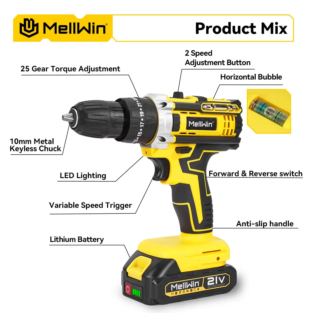 Trapano a Percussione Elettrico MELLWIN Cordless 25+3 Coppie – Kit Cacciavite Multiuso | Compatibile Batteria Makita 18V