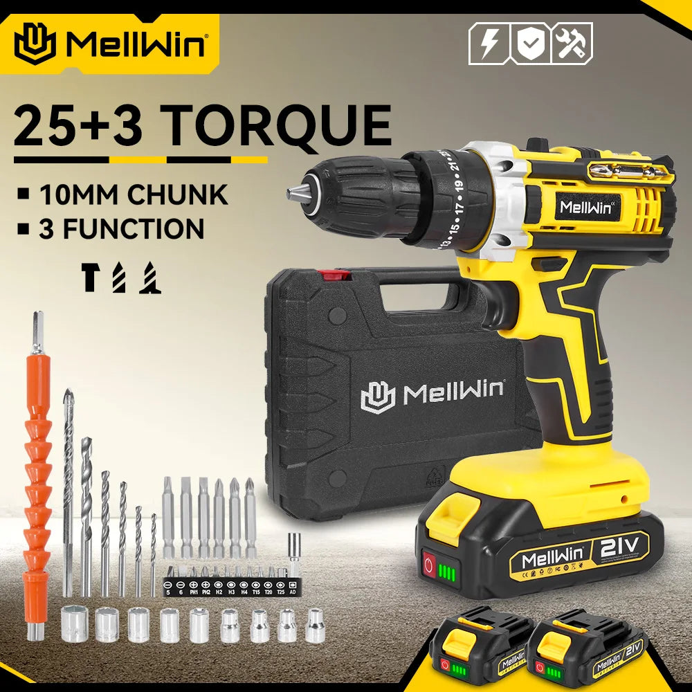 Trapano a Percussione Elettrico MELLWIN Cordless 25+3 Coppie – Kit Cacciavite Multiuso | Compatibile Batteria Makita 18V