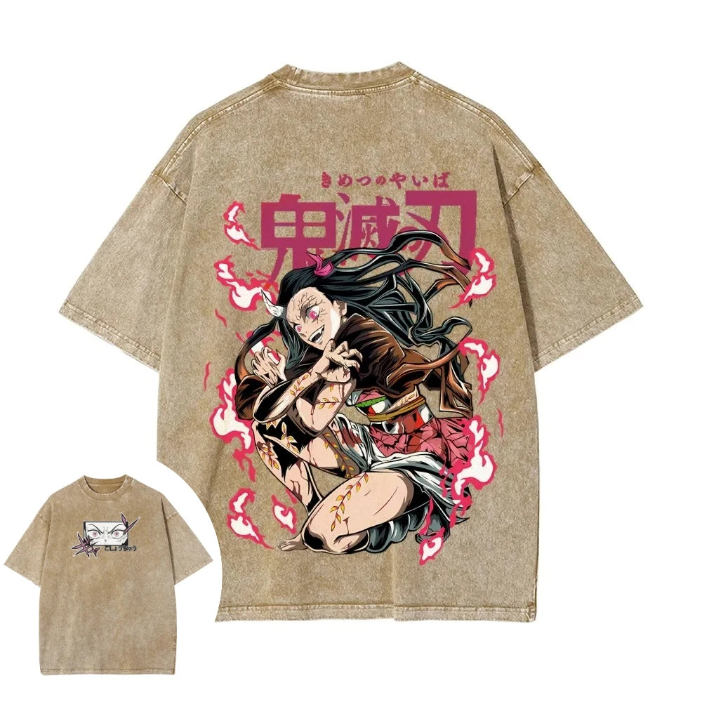 T-Shirt Demon Slayer Unisex – Nezuko Kamado | Stile Vintage Washed, Manica Corta, Alta Qualità