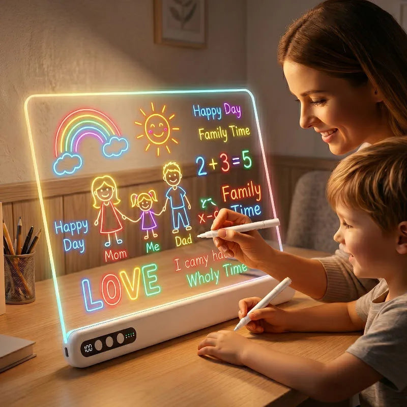 Lavagna LED Luminosa Ricaricabile – Bacheca Neon Acrilica con Timer, Display Batteria, 7 Colori RGB e 7 Effetti, per Bambini e Ufficio