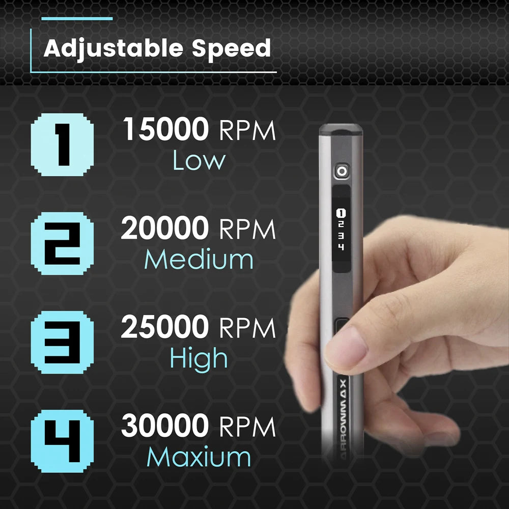 Penna Incisore ARROWMAX SGS – Kit Utensile Rotativo Cordless 30.000 RPM, 42 Punte, Display OLED, Batteria LiPo 500mAh, per Legno, Metallo e Vetro