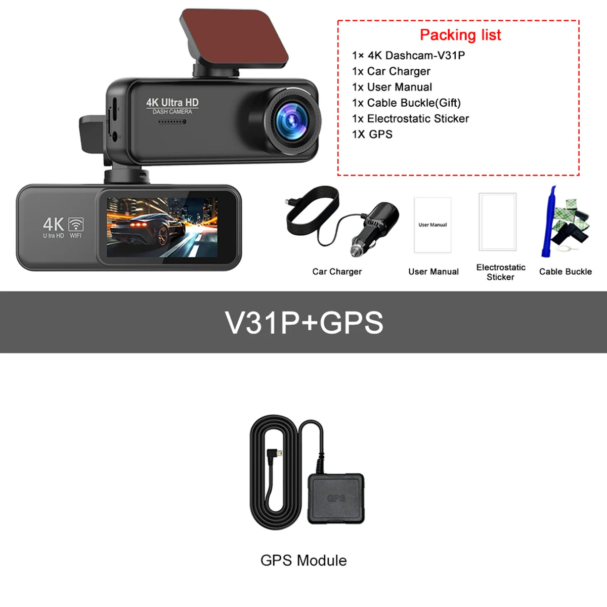 Dashcam Kocam 4K Doppia Telecamera Anteriore e Posteriore con Monitoraggio Parcheggio 24H, Visione Notturna e GPS