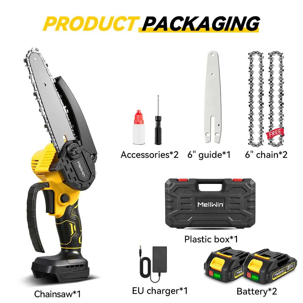 Mini Motosega Elettrica MELLWIN Cordless 6" – Sega da Potatura per Giardino | Compatibile Batteria Makita 18V
