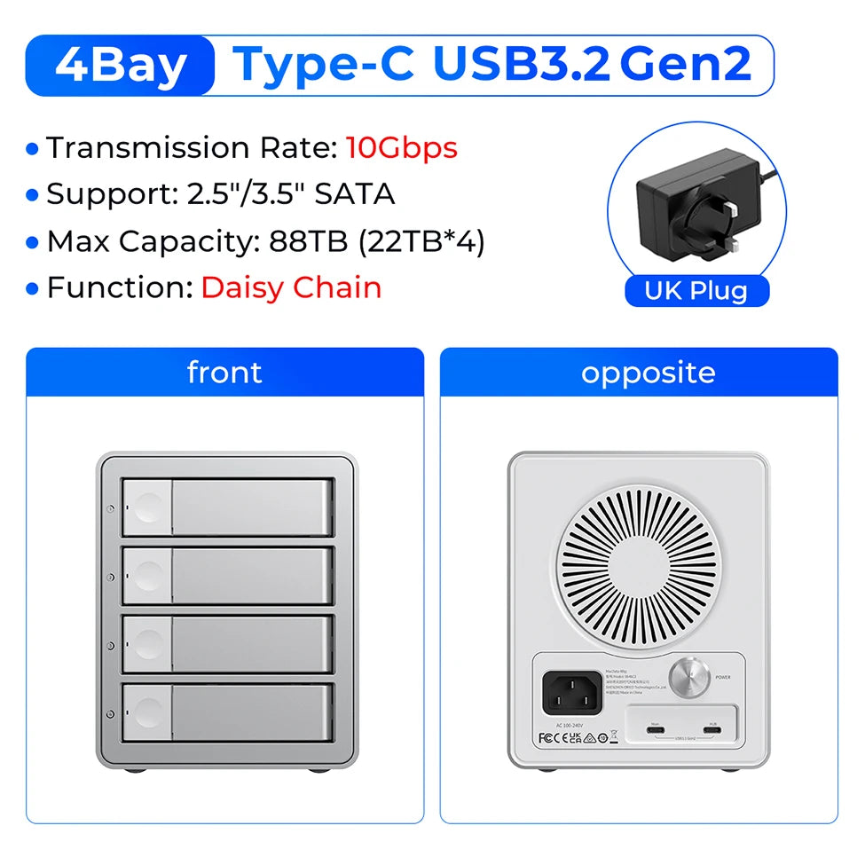 Docking Station ORICO 4/5 Bay SATA 10Gbps – Box Esterno HDD/SSD 2,5"/3,5", USB 3.2 Type-C, Daisy Chain, 110TB, Alimentatore 150W