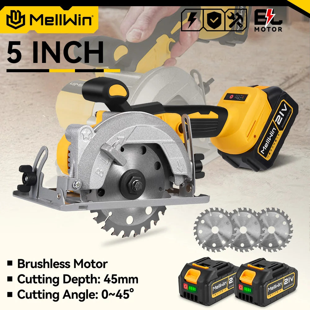 Sega Circolare Elettrica MELLWIN Brushless 125mm 5" – Taglia Legno e Metallo | Compatibile Batteria 18V/21V