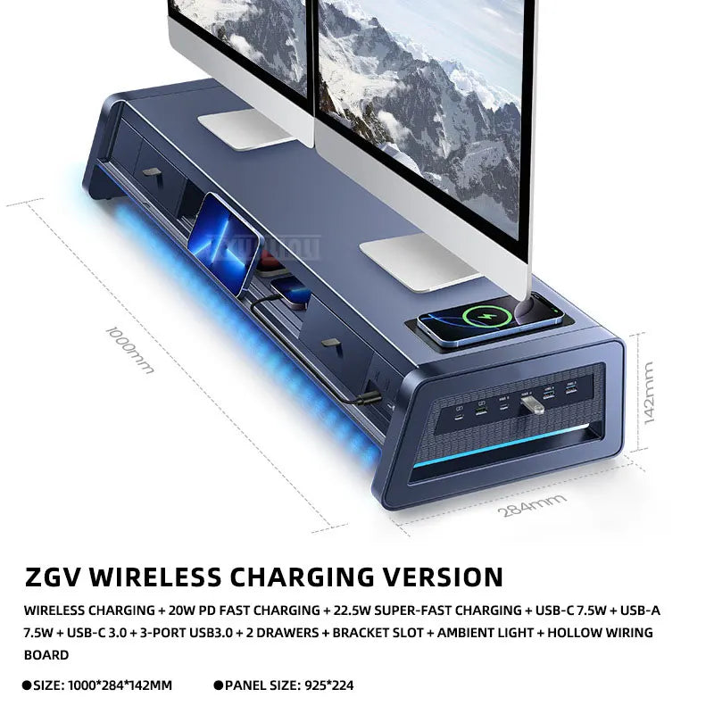 Supporto Monitor USB con Cassetto – Docking Station Multifunzionale per Ufficio, Desktop e Porta Telefono