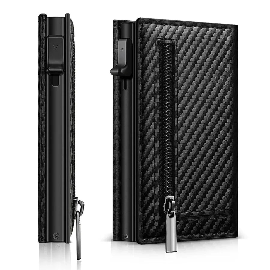 Portafoglio Uomo in Fibra di Carbonio – RFID, Clip Magnetica, Tripla Piega, Tasca Zip, Compatibile AirTag