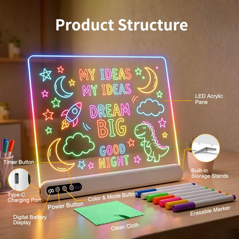 Lavagna LED Luminosa Ricaricabile – Bacheca Neon Acrilica con Timer, Display Batteria, 7 Colori RGB e 7 Effetti, per Bambini e Ufficio