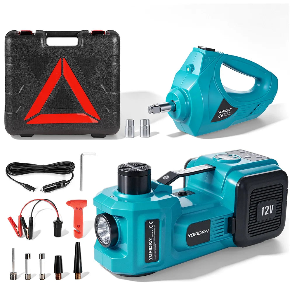 YOFIDRA Crick Idraulico Elettrico 5T 12V 45cm – Con Gonfiatore 150PSI, per Berlina, SUV, Furgone, Emergenza e Garage