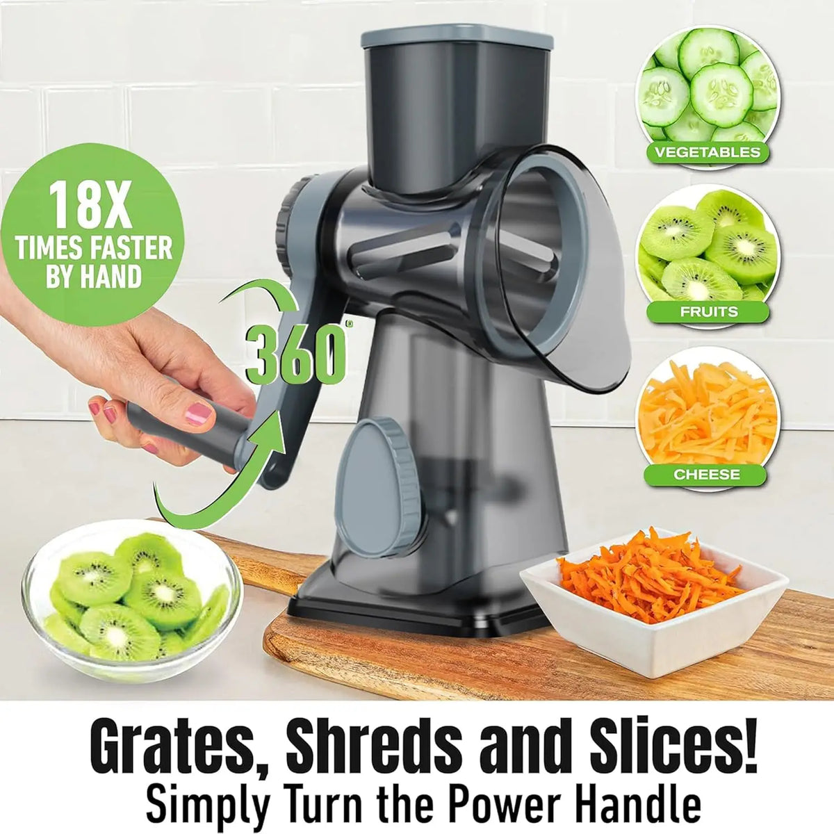 Grattugia a Manovella per Formaggio e Affettaverdure 3 in 1 – Tritacarne Multifunzione con Lame Intercambiabili