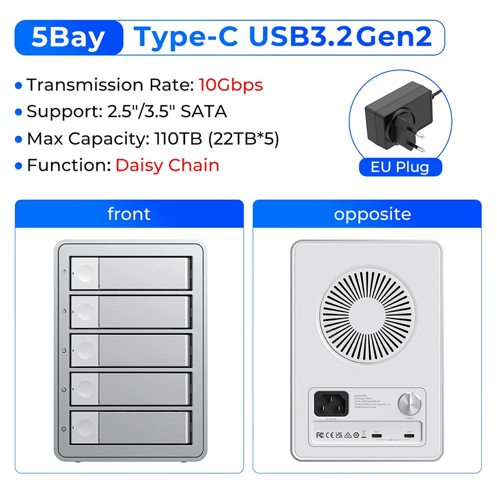 Docking Station ORICO 4/5 Bay SATA 10Gbps – Box Esterno HDD/SSD 2,5"/3,5", USB 3.2 Type-C, Daisy Chain, 110TB, Alimentatore 150W