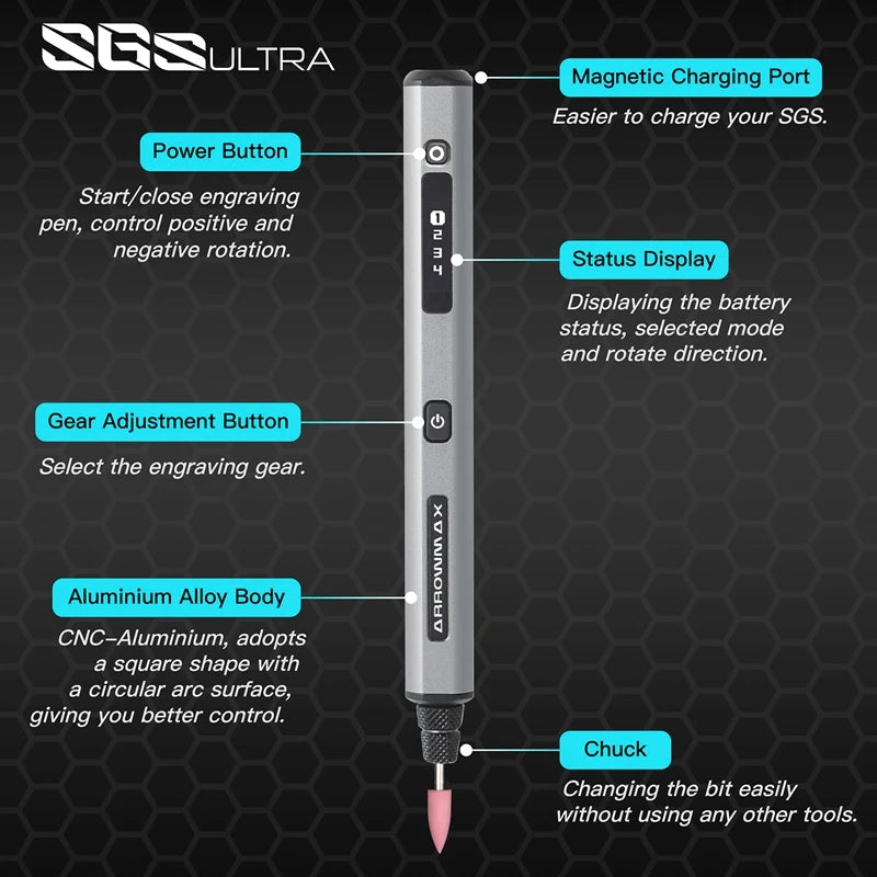 Penna Incisore ARROWMAX SGS – Kit Utensile Rotativo Cordless 30.000 RPM, 42 Punte, Display OLED, Batteria LiPo 500mAh, per Legno, Metallo e Vetro