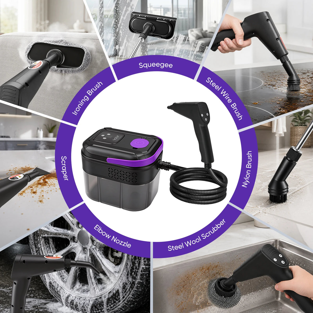 Pulitore a Vapore Portatile 2500W – Alta Pressione 3 Bar, Riscaldamento in 15s, Serbatoio 1700ml, per Cucina, Bagno, Auto, Pavimenti e Divani