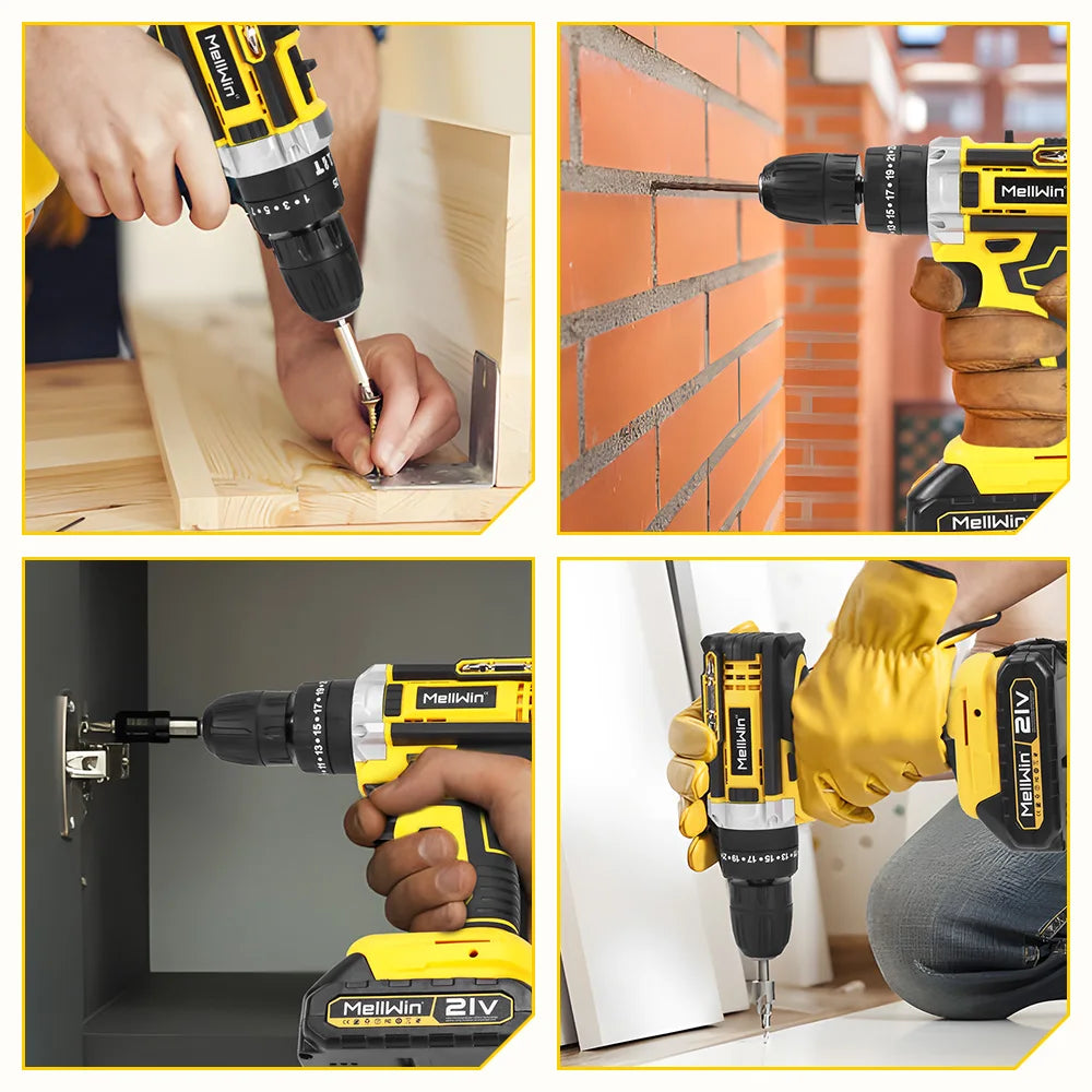 Trapano a Percussione Elettrico MELLWIN Cordless 25+3 Coppie – Kit Cacciavite Multiuso | Compatibile Batteria Makita 18V