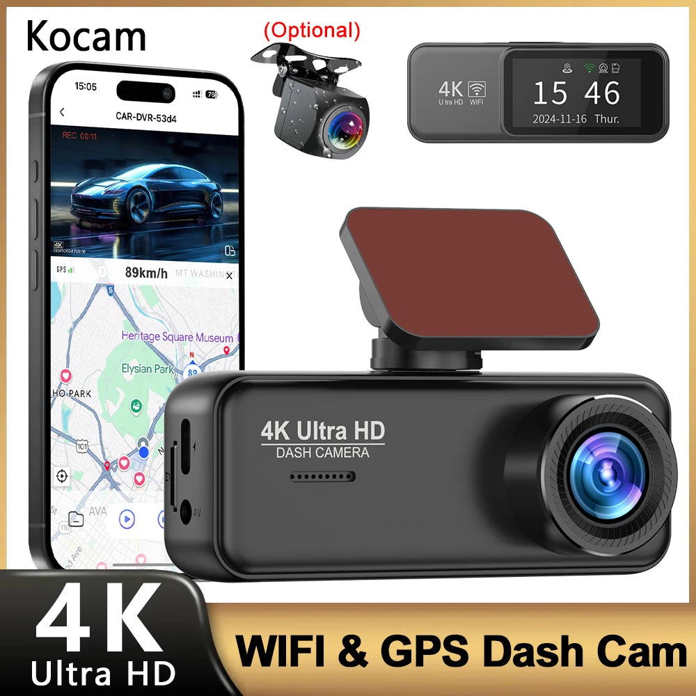 Dashcam Kocam 4K Doppia Telecamera Anteriore e Posteriore con Monitoraggio Parcheggio 24H, Visione Notturna e GPS