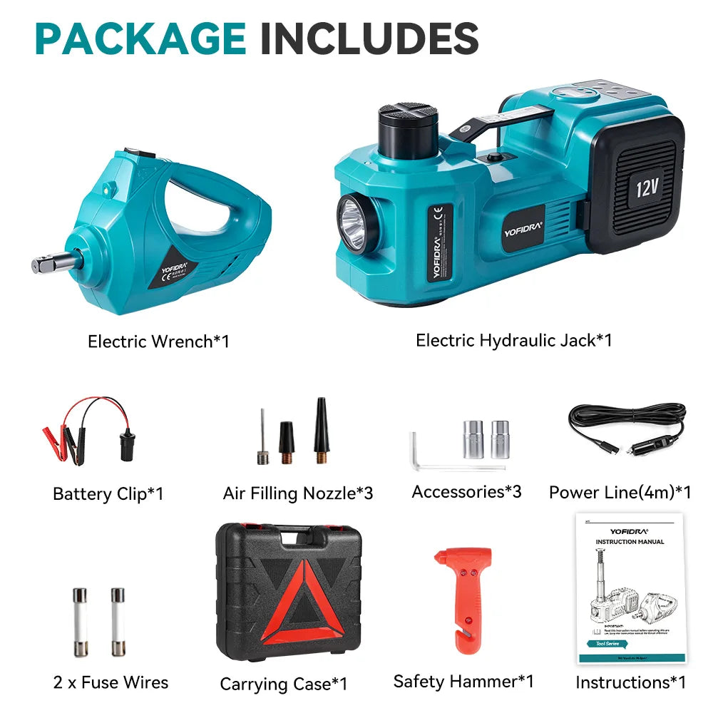 YOFIDRA Crick Idraulico Elettrico 5T 12V 45cm – Con Gonfiatore 150PSI, per Berlina, SUV, Furgone, Emergenza e Garage