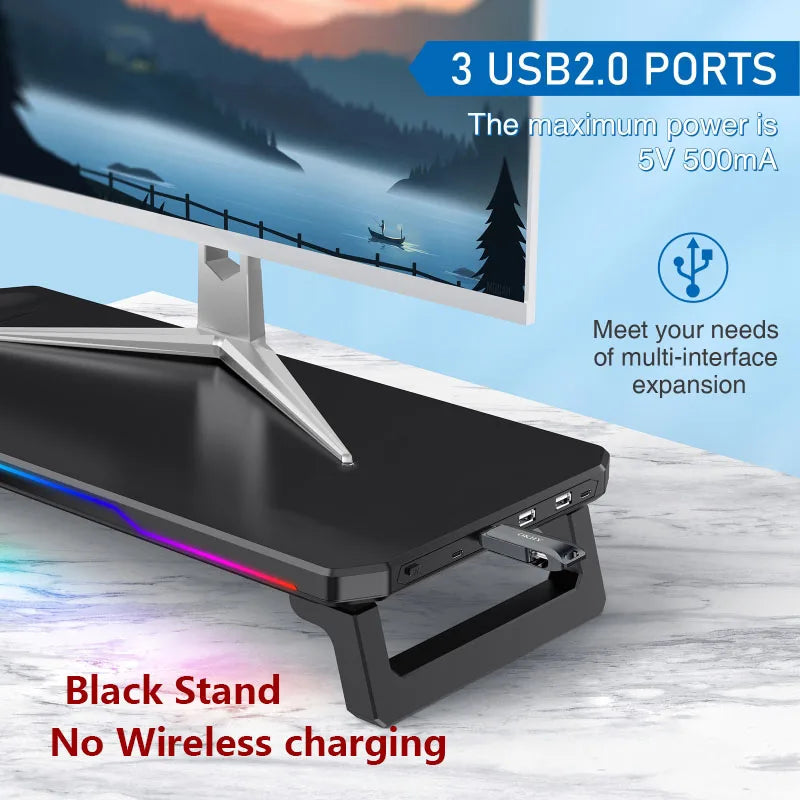 Supporto Monitor con Ricarica Wireless e Luce RGB – Docking Station Multifunzionale Pieghevole per Ufficio e Scrivania