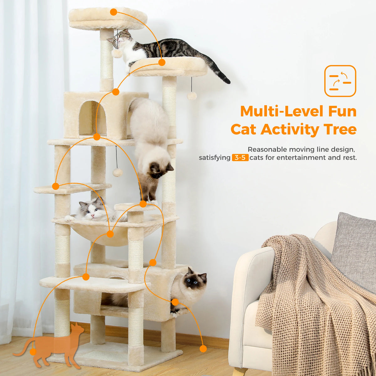 PAWZ Road Albero per Gatti da Interno Grande con Tiragraffi in Sisal, Amaca, Piattaforme e Grotte – 136/164/184 cm