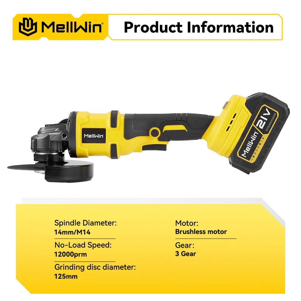 MELLWIN Smerigliatrice Angolare Senza Fili 125mm – Motore Brushless 18V Compatibile Makita