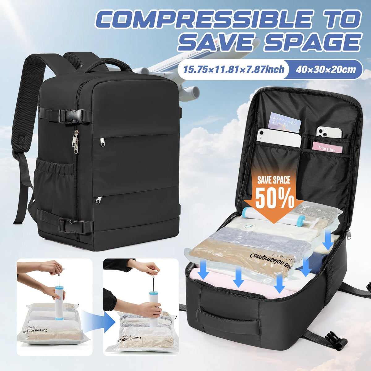 Borsa Portaoggetti per Vestiti – Zaino Personale Ryanair 40x30x20, Borsa Cabina, Sacchetto Sottovuoto con Pompa Manuale