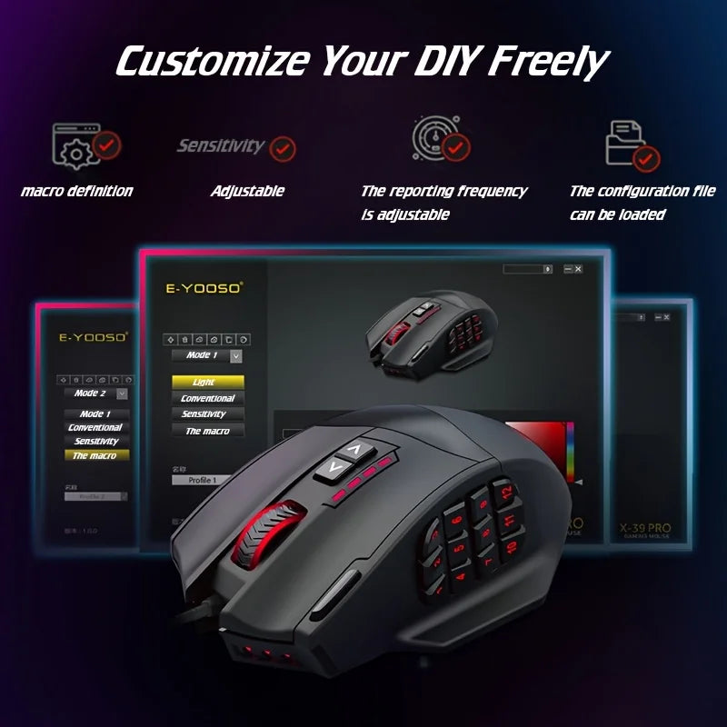 Mouse Gaming Cablato E-YOOSO X-39 PRO – 12 Tasti Programmabili, Sensore SG8960, RGB Personalizzabile, Ergonomico