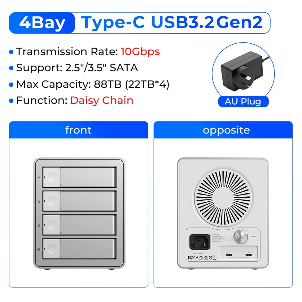 Docking Station ORICO 4/5 Bay SATA 10Gbps – Box Esterno HDD/SSD 2,5"/3,5", USB 3.2 Type-C, Daisy Chain, 110TB, Alimentatore 150W