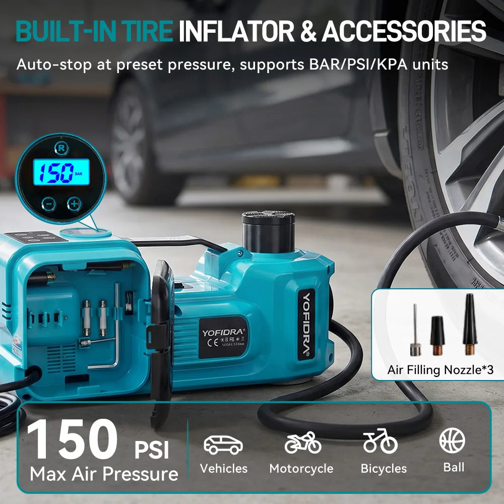 YOFIDRA Crick Idraulico Elettrico 5T 12V 45cm – Con Gonfiatore 150PSI, per Berlina, SUV, Furgone, Emergenza e Garage