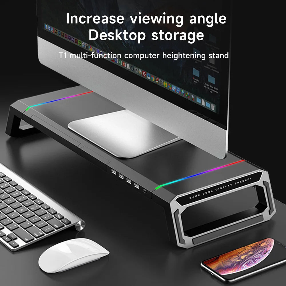 Supporto Monitor PC con Porte USB 3.0 – Rialzo Regolabile per Desktop, Laptop, Tastiera e Ripiano Portaoggetti