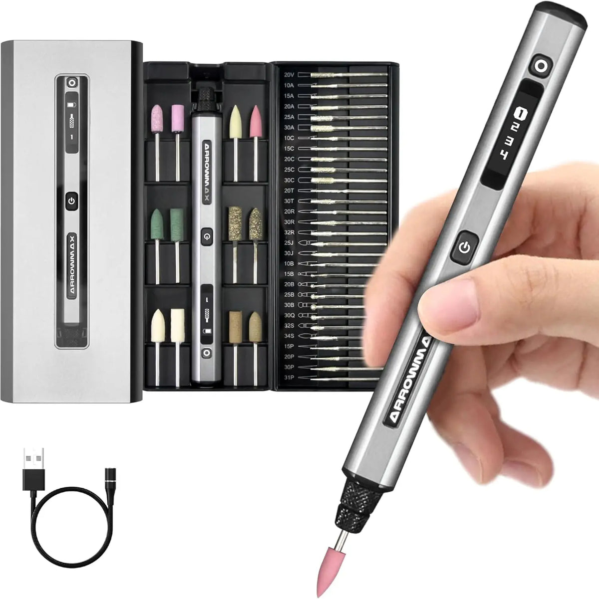 Penna Incisore ARROWMAX SGS – Kit Utensile Rotativo Cordless 30.000 RPM, 42 Punte, Display OLED, Batteria LiPo 500mAh, per Legno, Metallo e Vetro
