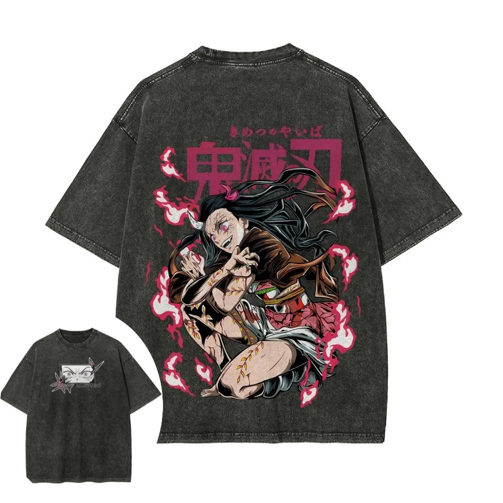 T-Shirt Demon Slayer Unisex – Nezuko Kamado | Stile Vintage Washed, Manica Corta, Alta Qualità