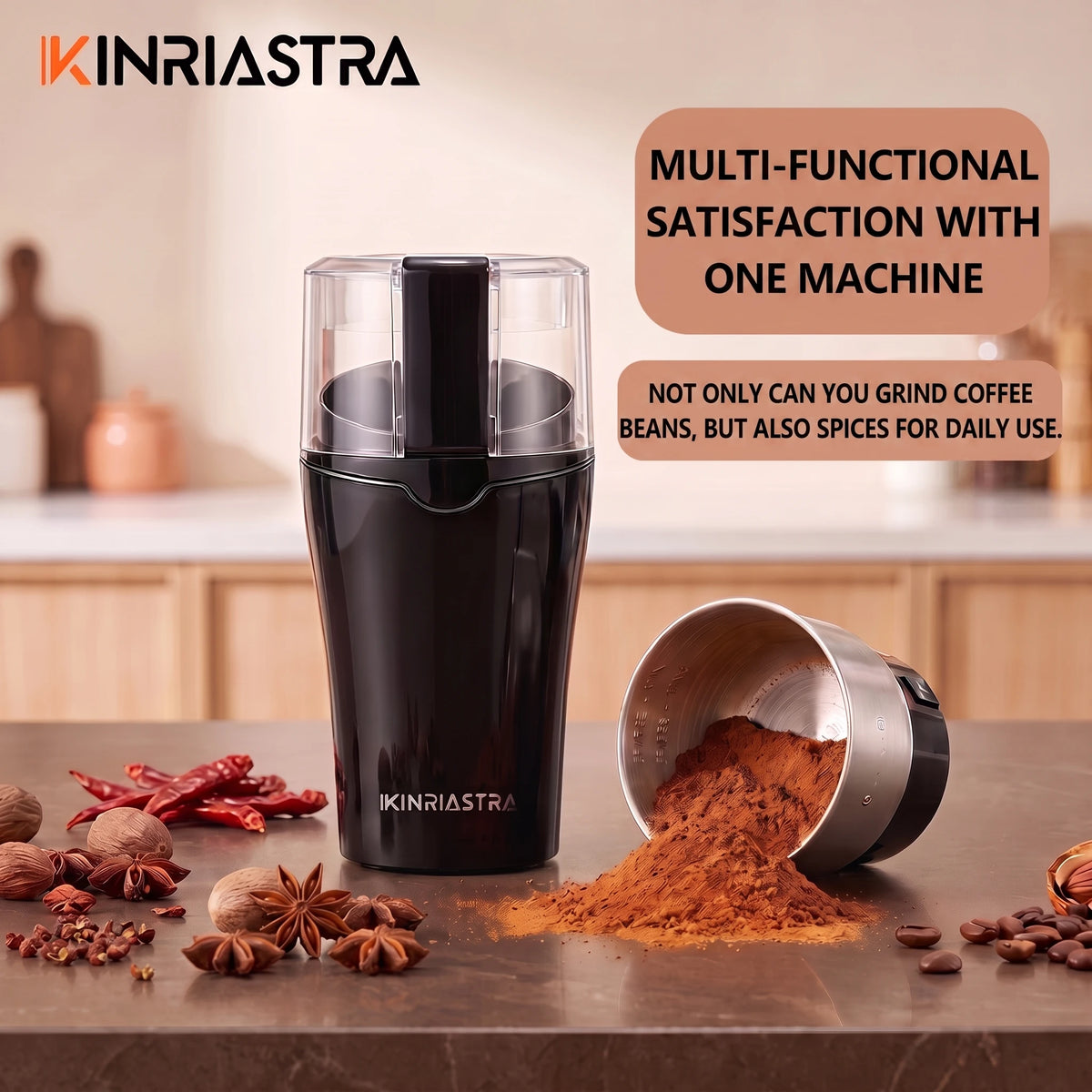 KINRIASTRA Macinacaffè Elettrico 300W – Motore in Rame Puro 30.000 RPM, Capacità 85g, Acciaio Inox 304, Uso Singolo Tasto