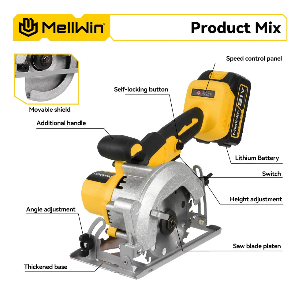 Sega Circolare Elettrica MELLWIN Brushless 125mm 5" – Taglia Legno e Metallo | Compatibile Batteria 18V/21V