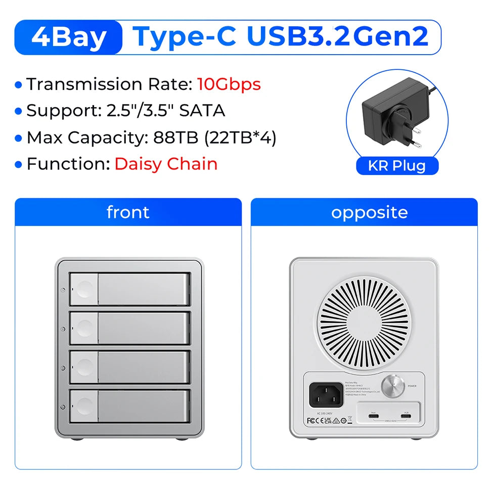 Docking Station ORICO 4/5 Bay SATA 10Gbps – Box Esterno HDD/SSD 2,5"/3,5", USB 3.2 Type-C, Daisy Chain, 110TB, Alimentatore 150W