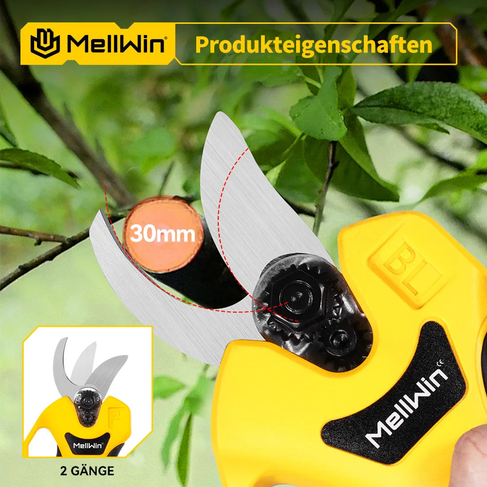 Forbici Elettriche da Potatura MELLWIN Brushless 30mm – Per Giardino, Bonsai e Frutteti | Compatibili Batteria Makita 18V
